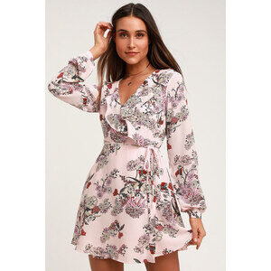 Lulus What A Time Pink Floral Print Long Sleeve Wrap Dress - Size XS